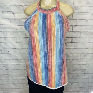 Anthropologie W5 Rainbow Stripe Fringe Tank Top size L